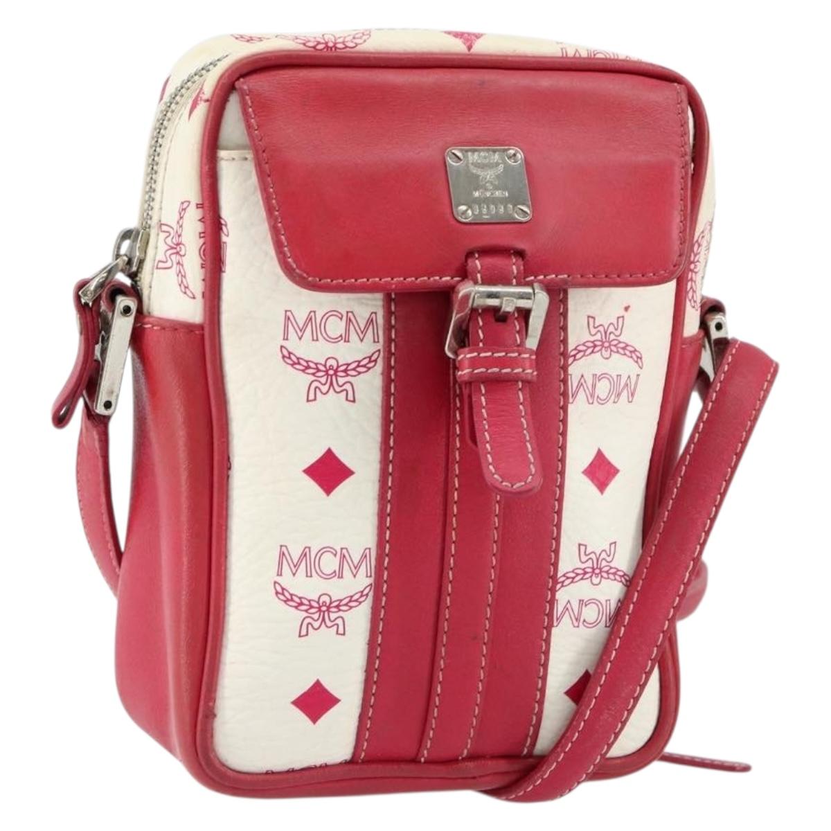 MCM Vicetos Logogram Shoulder Bag PVC Leather White Silver Auth 153908