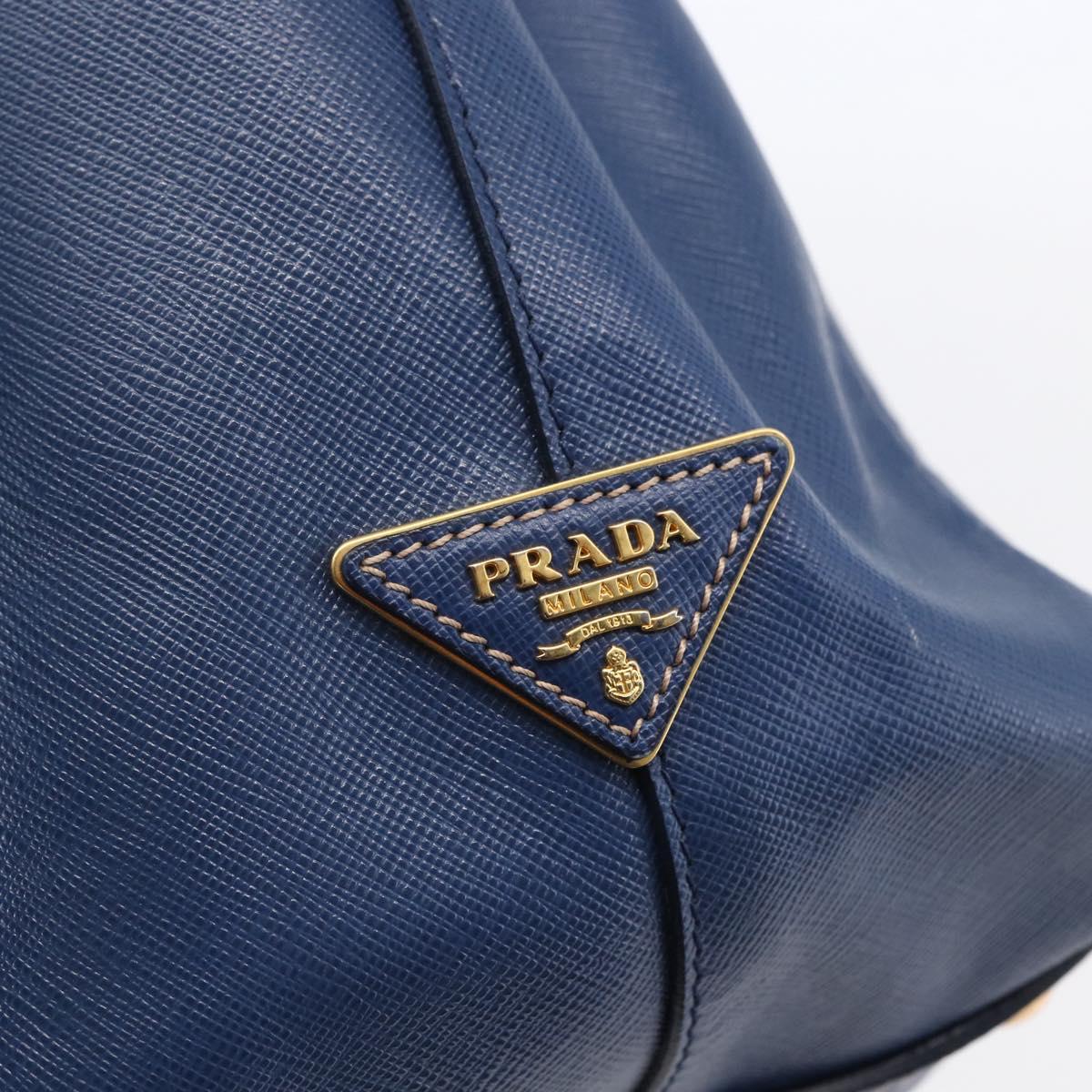 PRADA Hand Bag Safiano Leather Blue Gold Auth 153910