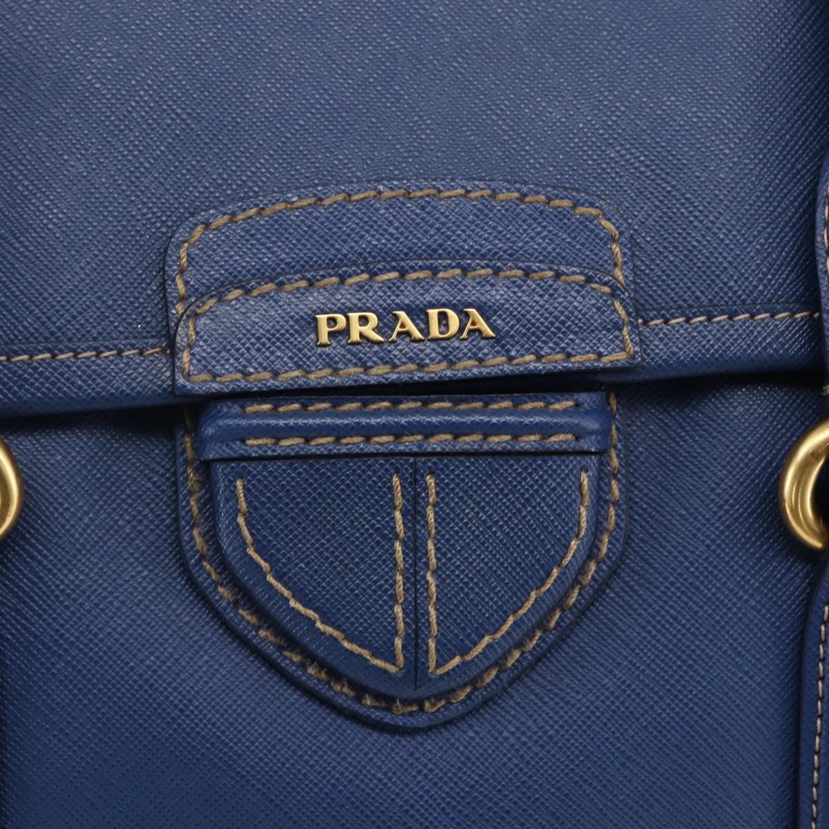 PRADA Hand Bag Safiano Leather Blue Gold Auth 153910
