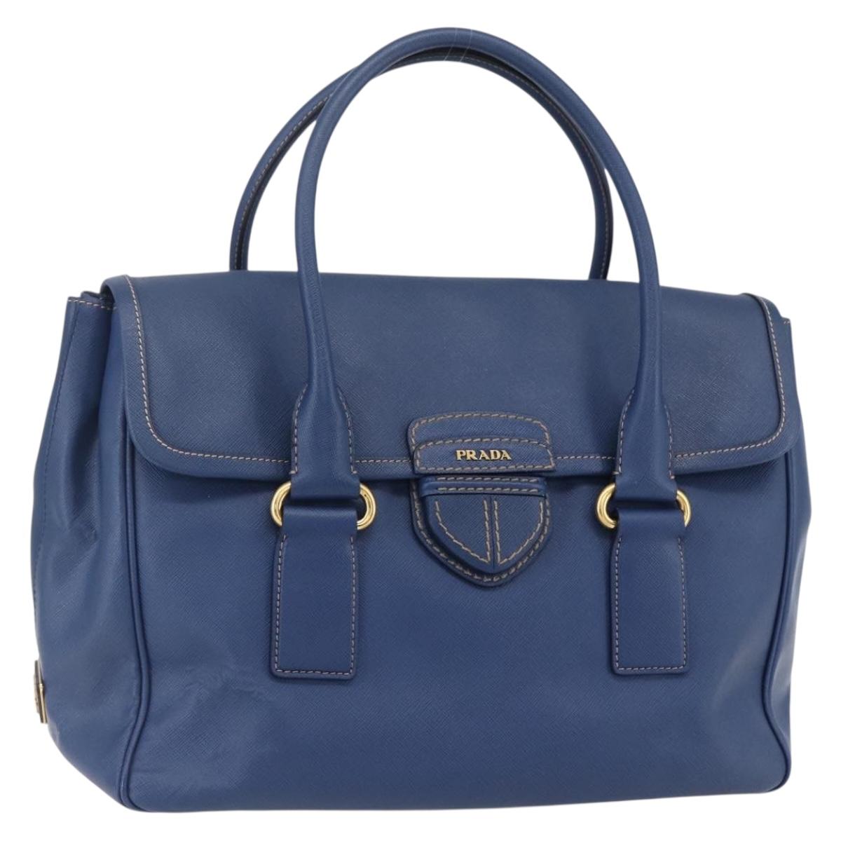PRADA Hand Bag Safiano Leather Blue Gold Auth 153910