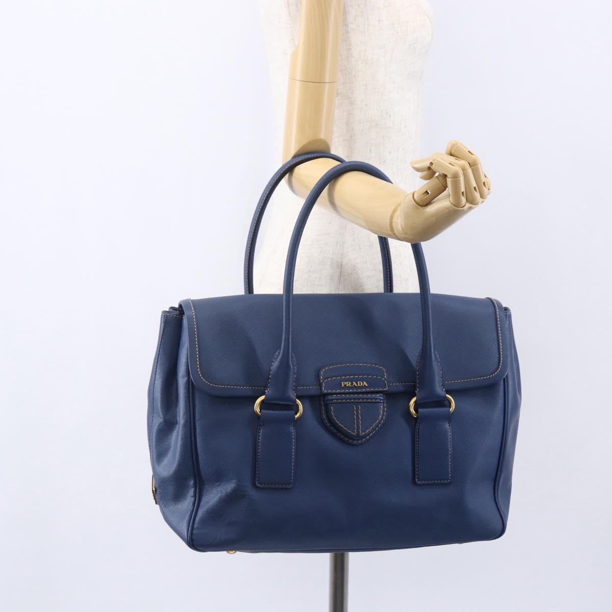 PRADA Hand Bag Safiano Leather Blue Gold Auth 153910