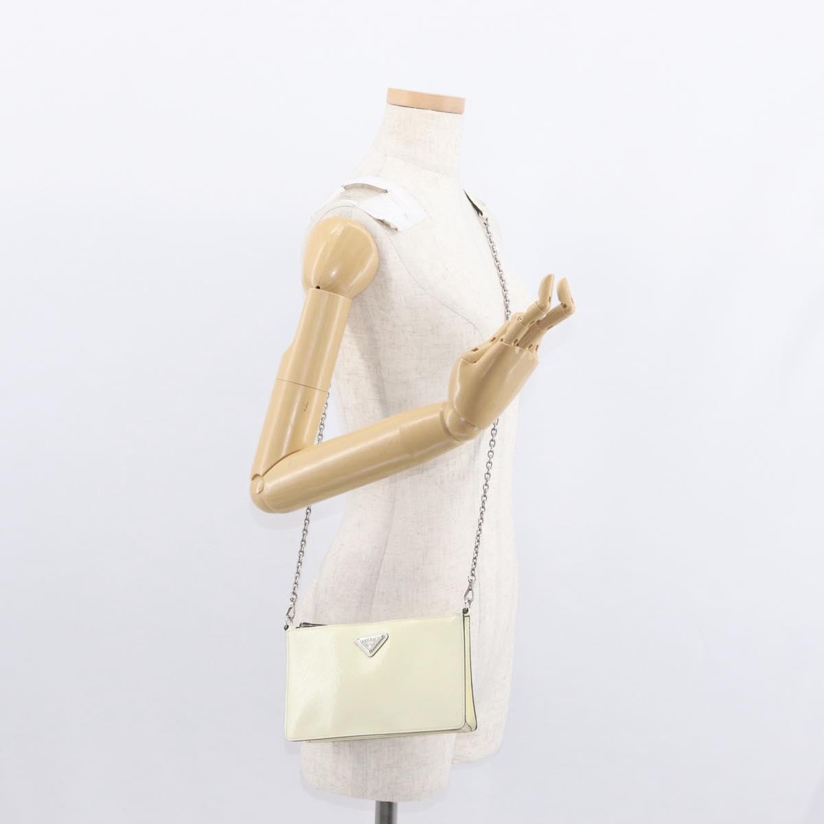 PRADA Chain Shoulder Bag Safiano leather White Silver Auth 153937