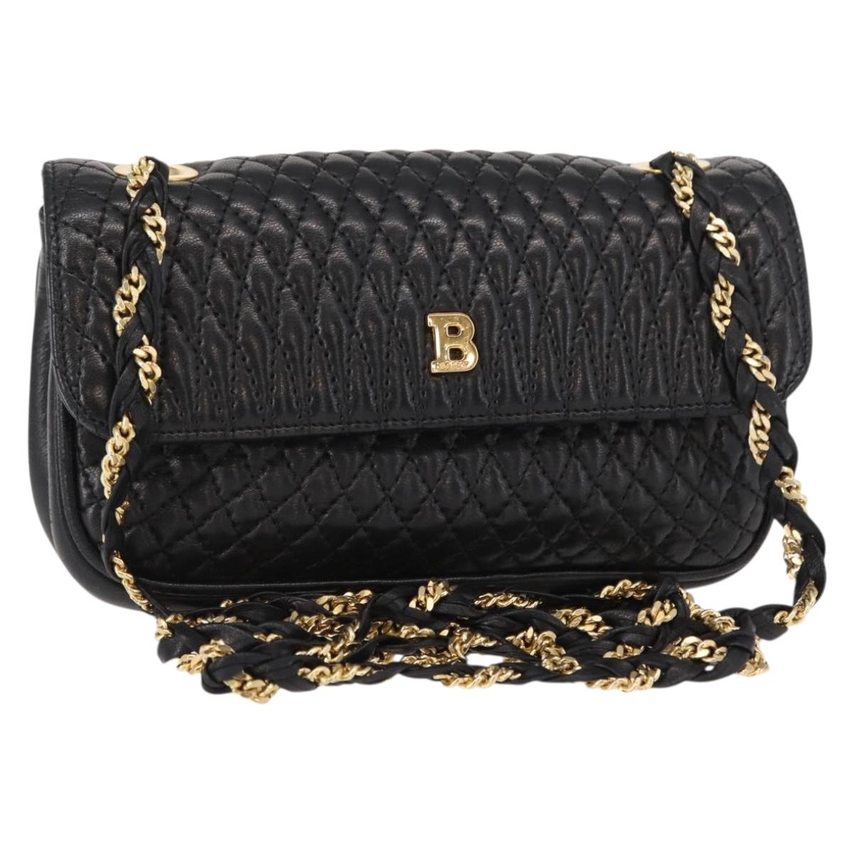 BALLY Quilted Chain Shoulder Bag Leather Black Gold Auth 153938