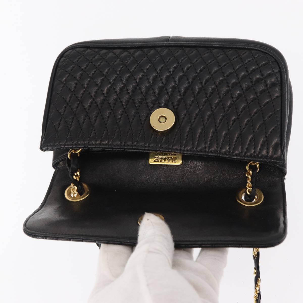 BALLY Quilted Chain Shoulder Bag Leather Black Gold Auth 153938