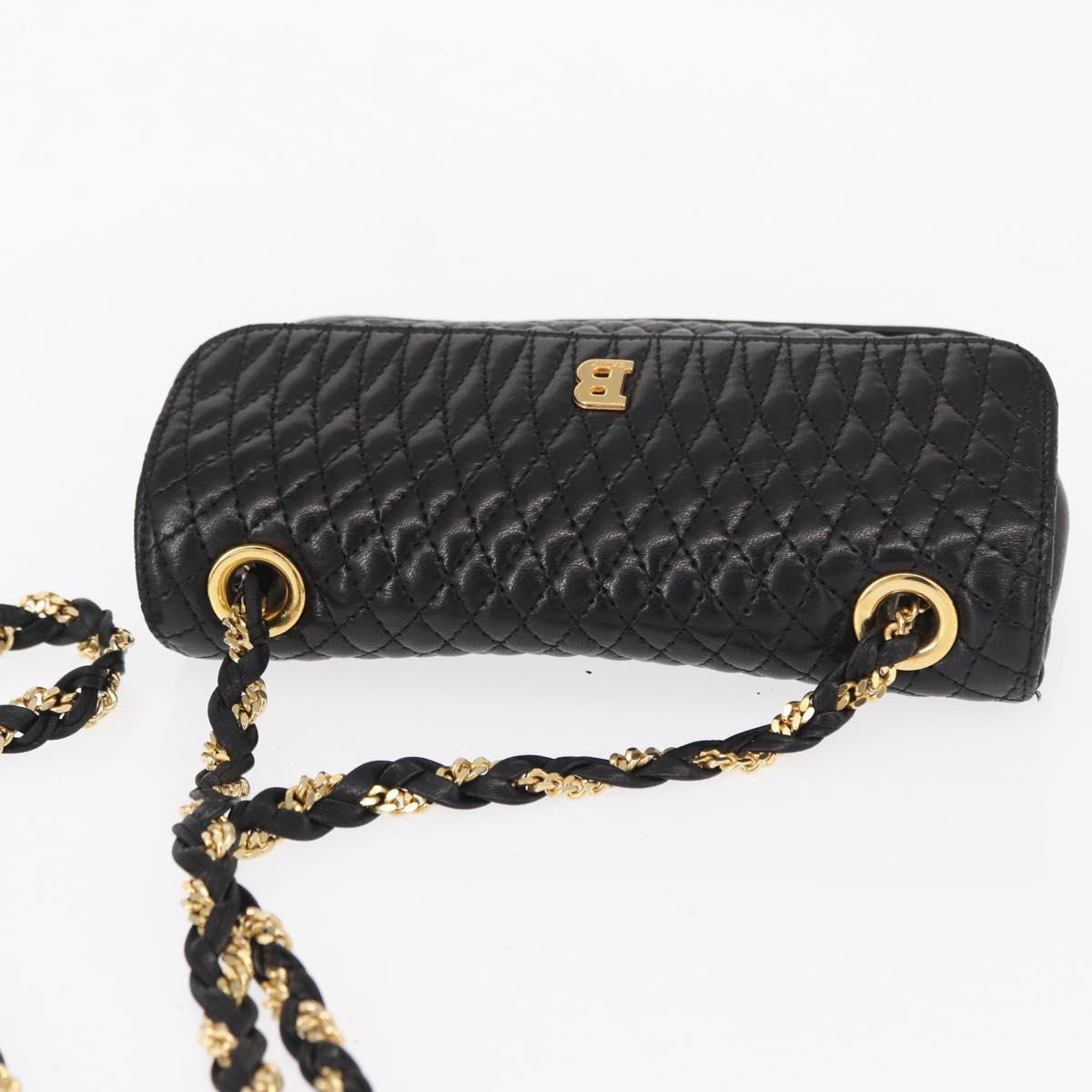 BALLY Quilted Chain Shoulder Bag Leather Black Gold Auth 153938