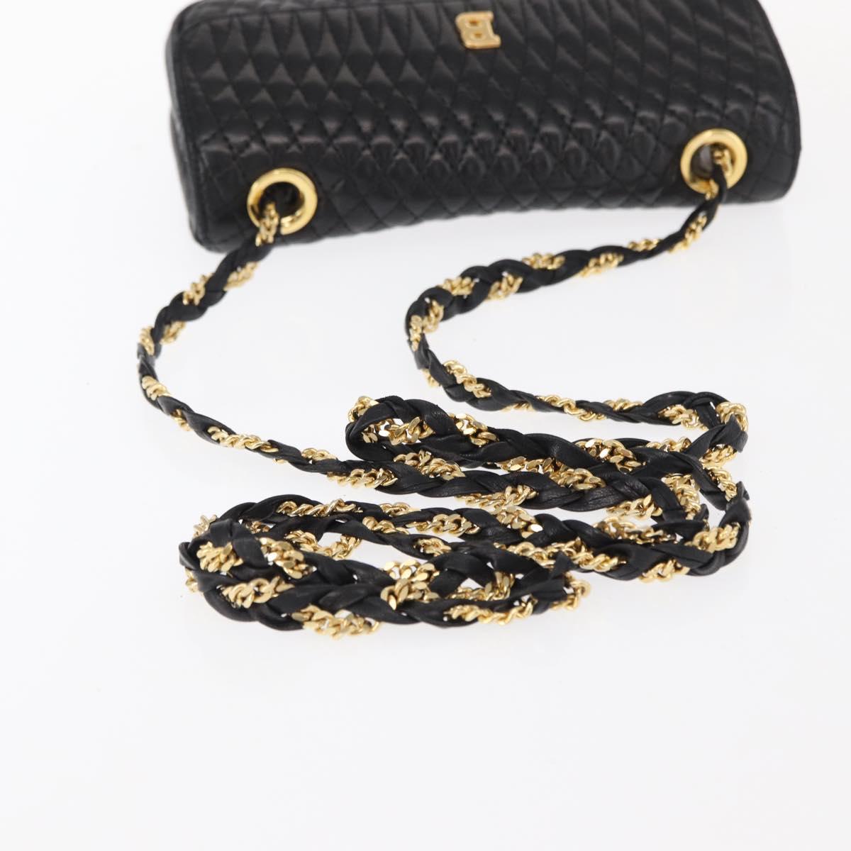 BALLY Quilted Chain Shoulder Bag Leather Black Gold Auth 153938