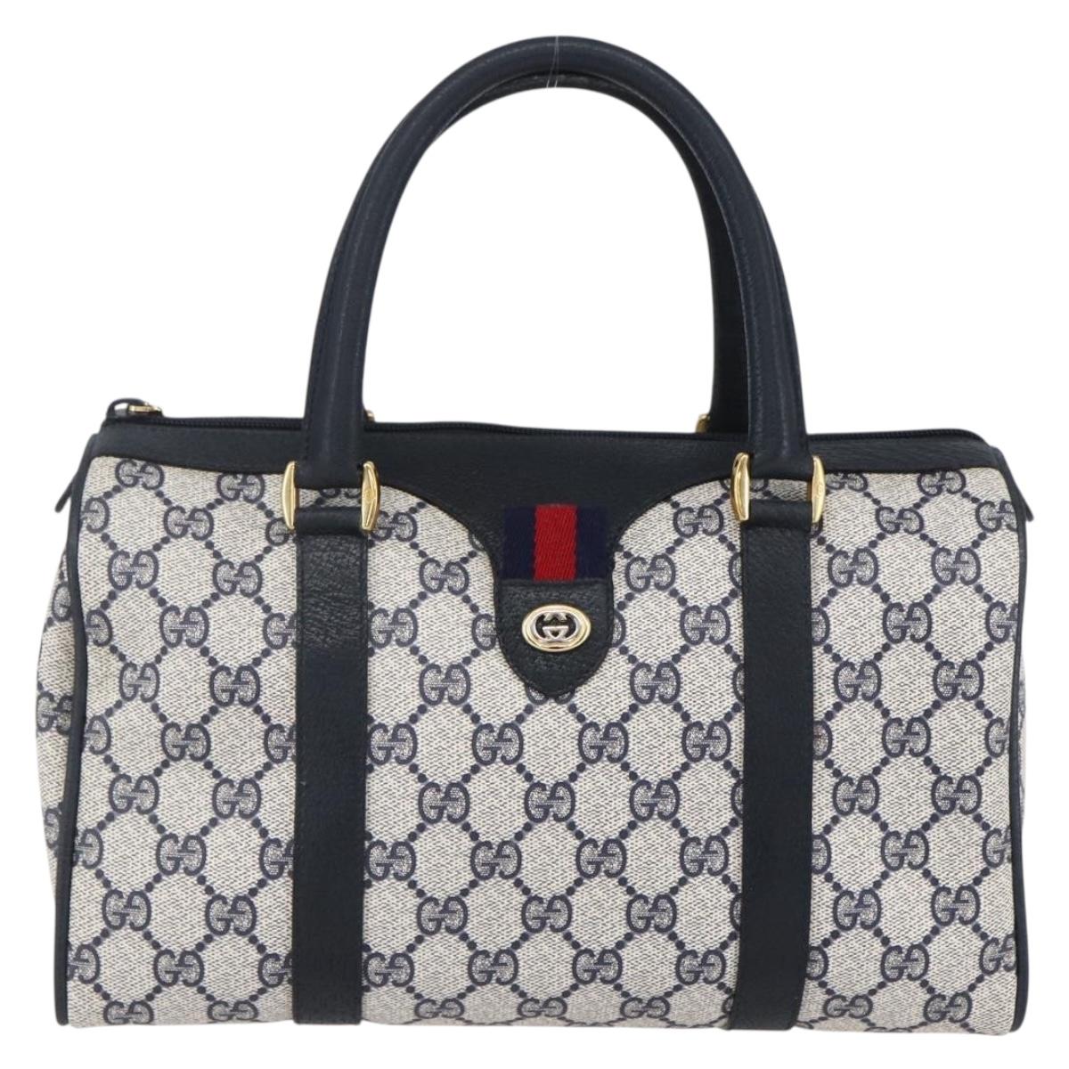 GUCCI GG Supreme Sherry Line Boston Bag PVC Navy Gold Red 116 02 006 Auth 153955