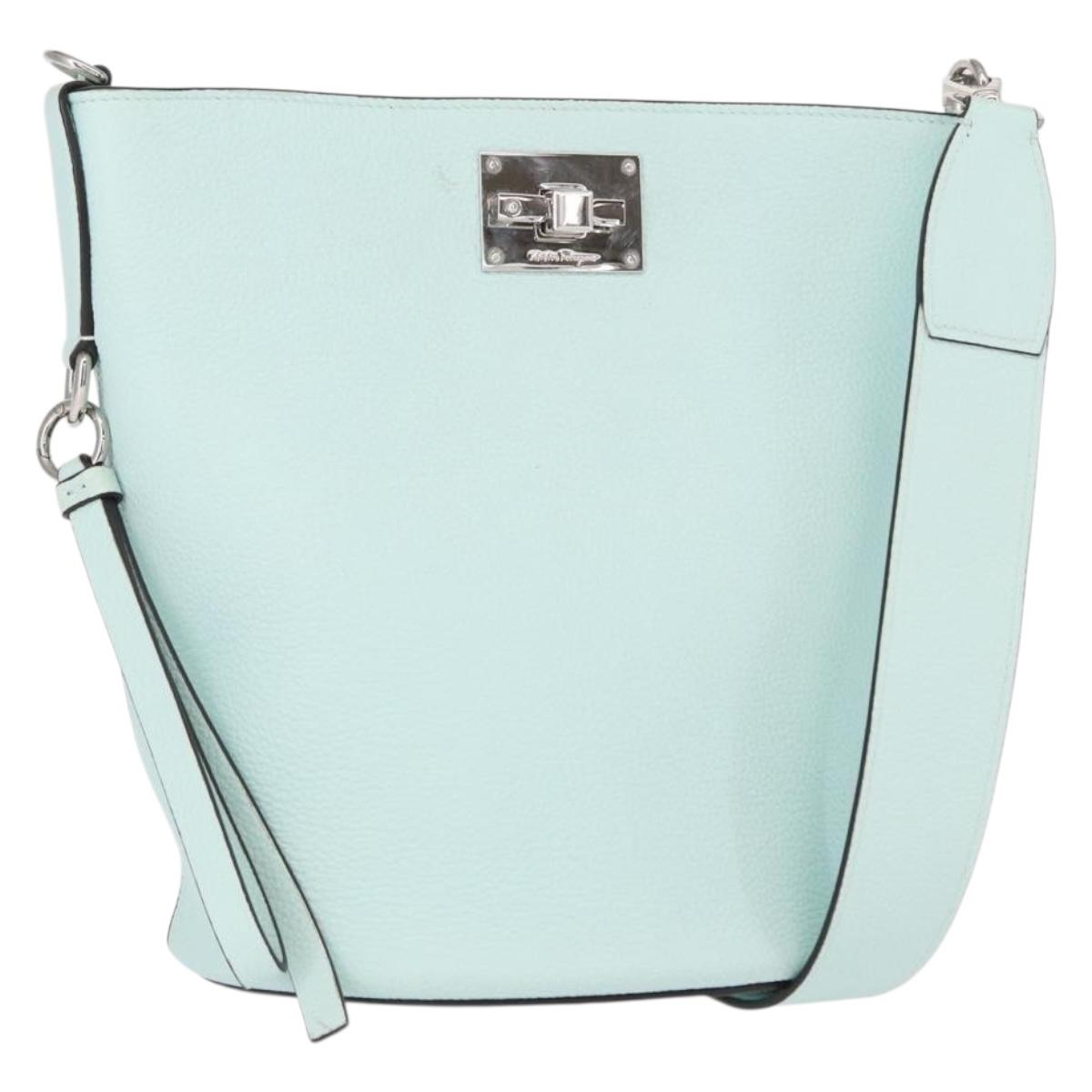 Salvatore Ferragamo Gancini Shoulder Bag Leather Light Blue Silver Auth 153957