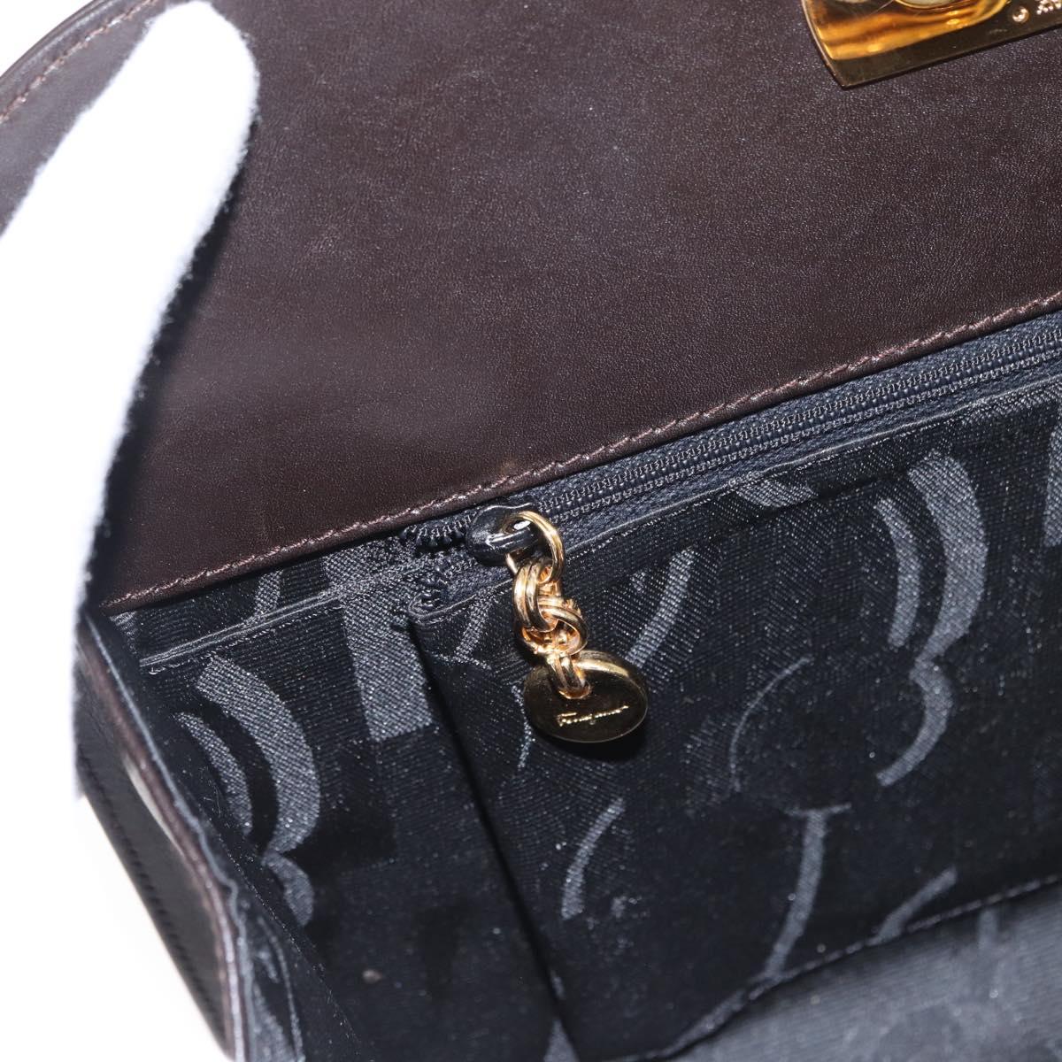 Salvatore Ferragamo Gancini Chain Hand Bag Leather Dark Brown Gold Auth 153963