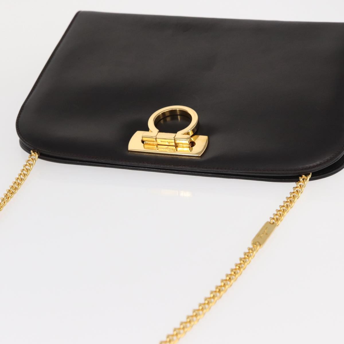 Salvatore Ferragamo Gancini Chain Hand Bag Leather Dark Brown Gold Auth 153963