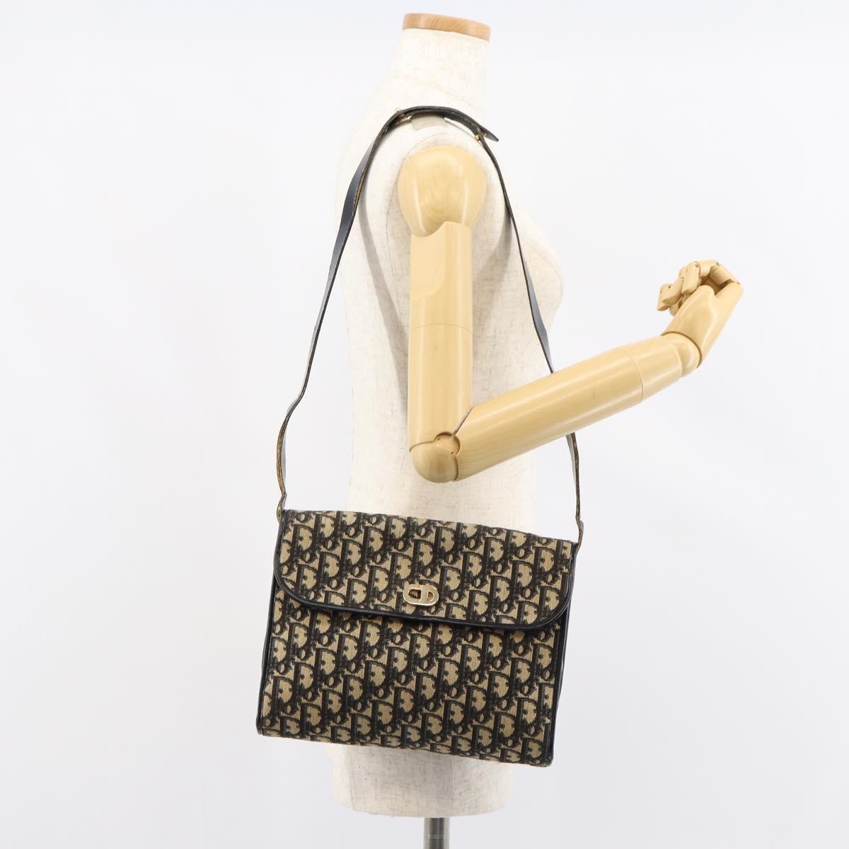 Christian Dior Trotter Canvas Shoulder Bag Navy Gold Auth 153965