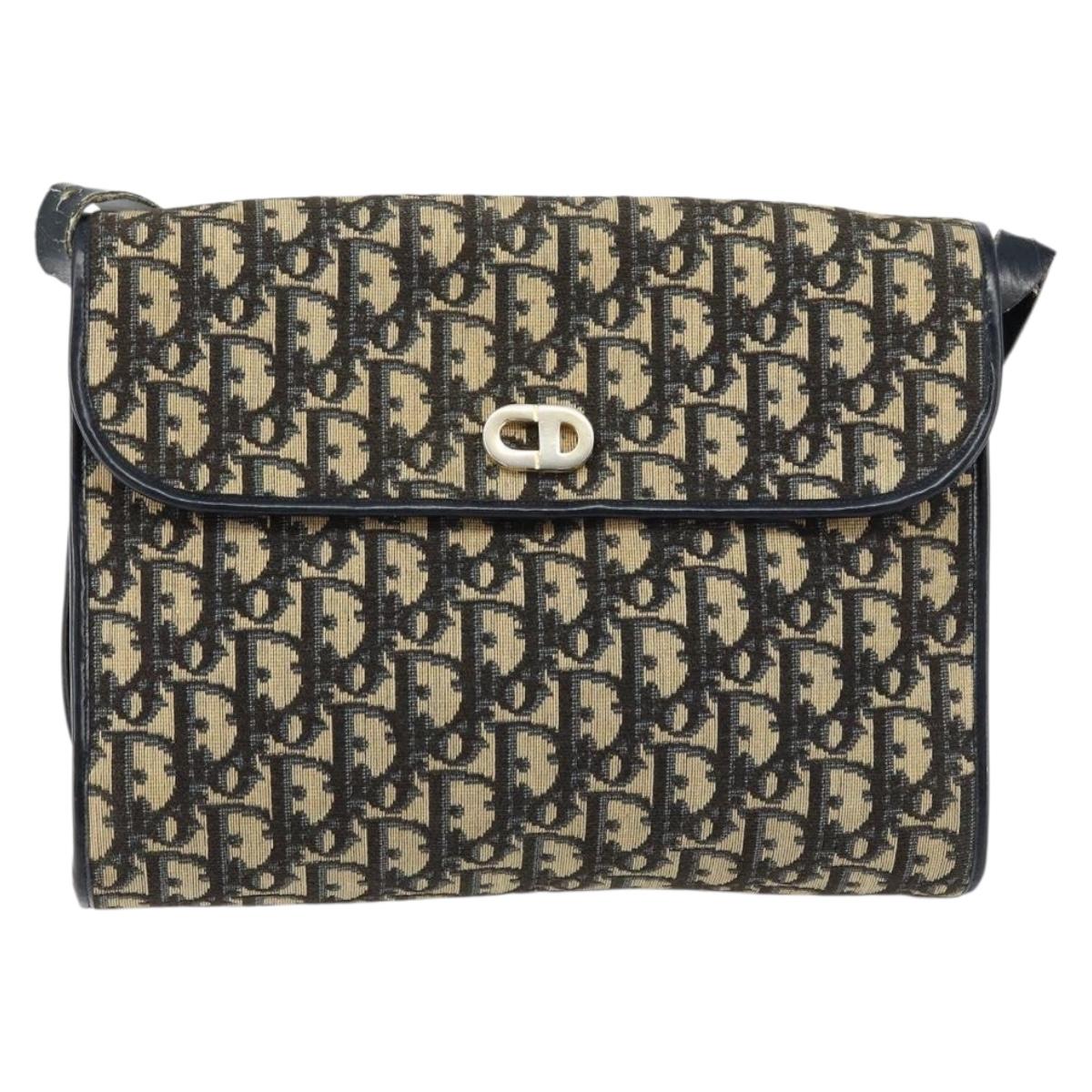 Christian Dior Trotter Canvas Shoulder Bag Navy Gold Auth 153965