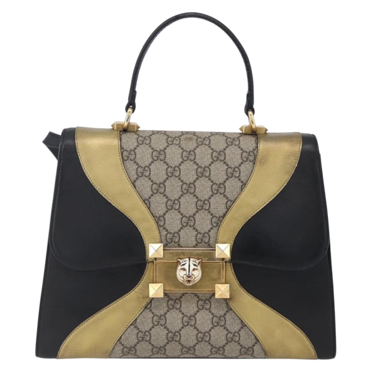 GUCCI GG Supreme Cat Head Hand Bag PVC 2way Beige Gold 476435 Auth 153975