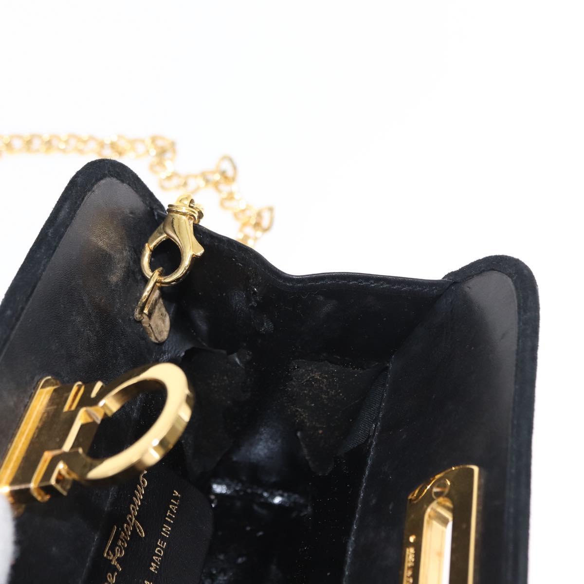 Salvatore Ferragamo Chain Gancini Shoulder Bag Suede Black Gold Auth 153978