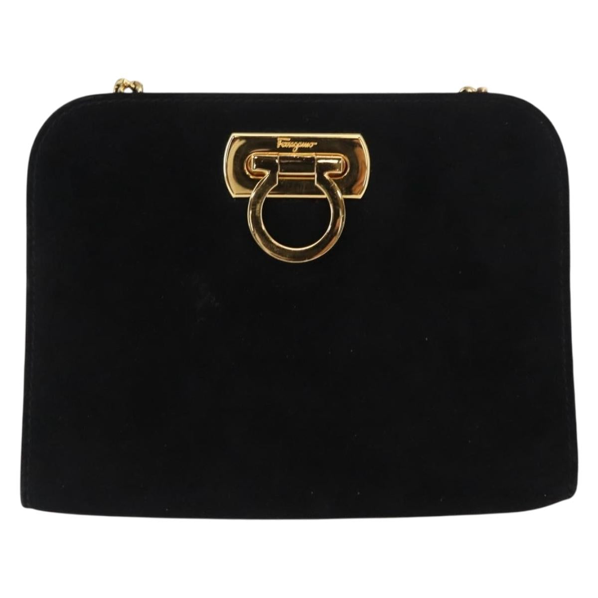 Salvatore Ferragamo Chain Gancini Shoulder Bag Suede Black Gold Auth 153978