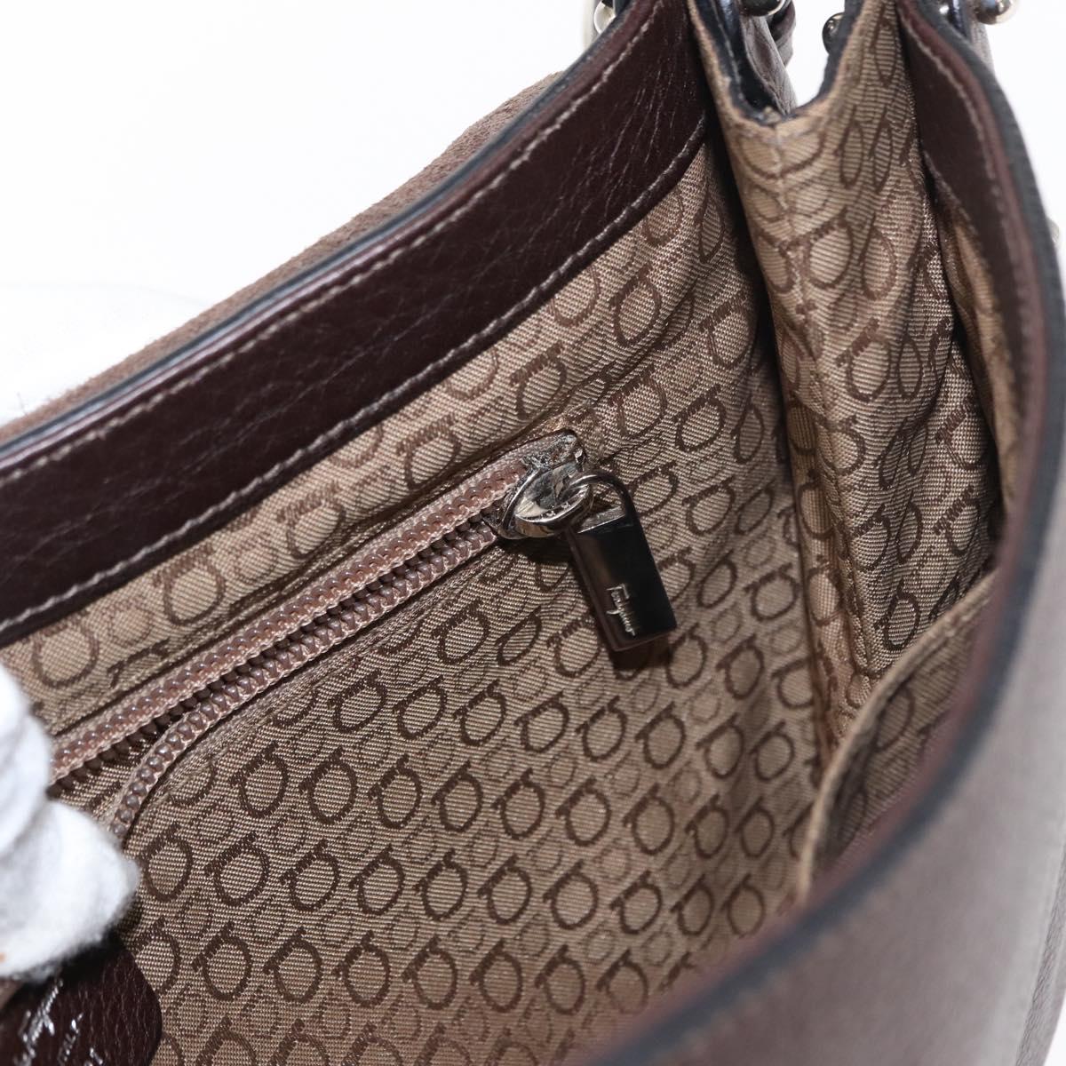 Salvatore Ferragamo Gancini Shoulder Bag Leather Dark Brown Silver Auth 153981