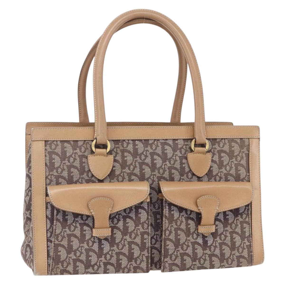 Christian Dior Trotter Canvas Hand Bag Brown Gold Auth 153990