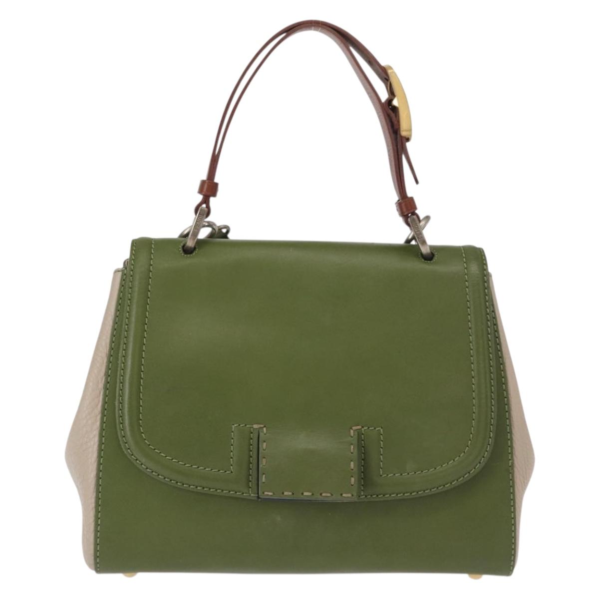 FENDI Silvana Hand Bag Leather 2way Green Gold Auth 153992