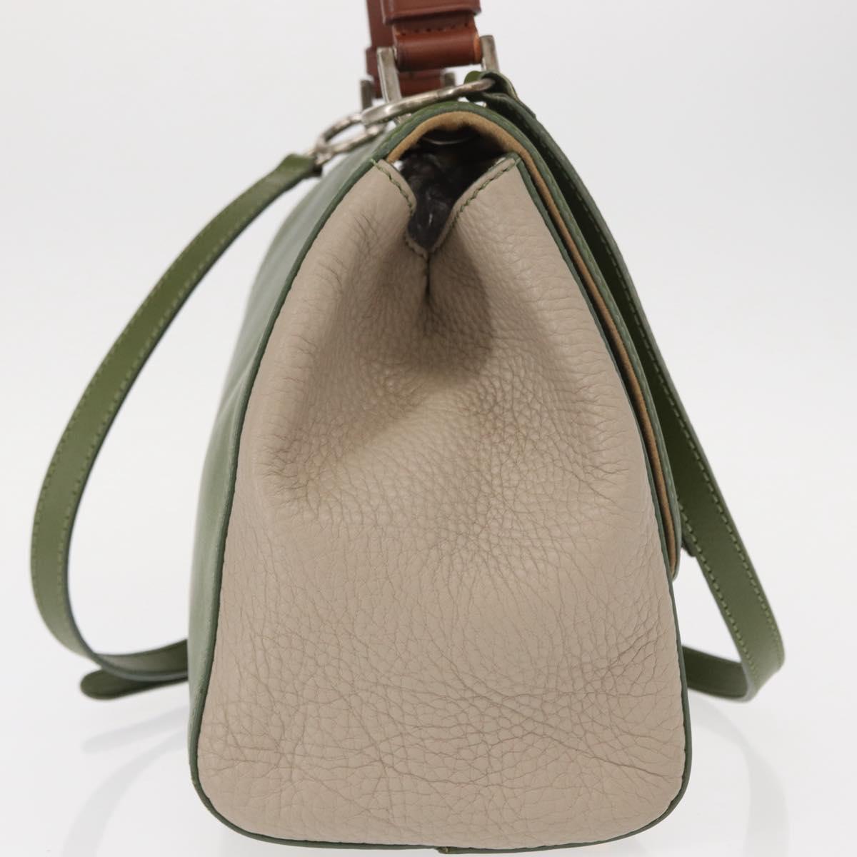 FENDI Silvana Hand Bag Leather 2way Green Gold Auth 153992