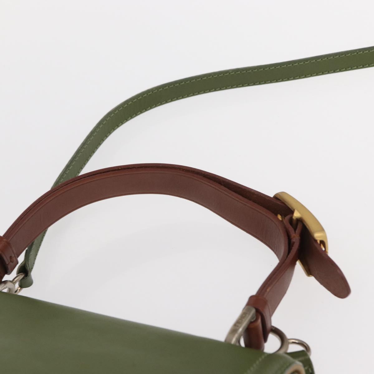FENDI Silvana Hand Bag Leather 2way Green Gold Auth 153992