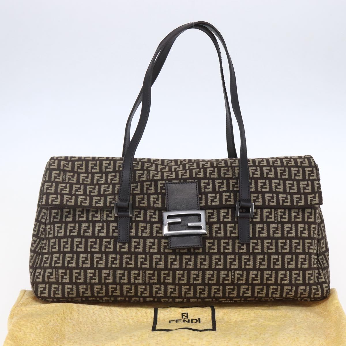 FENDI Zucchino Canvas Mamma Baguette Shoulder Bag Beige Brown Auth 153995