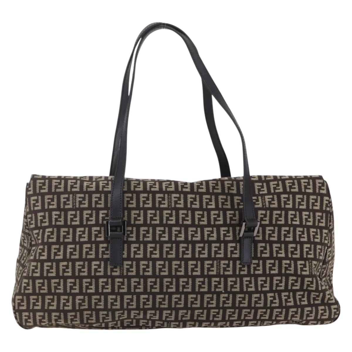 FENDI Zucchino Canvas Mamma Baguette Shoulder Bag Beige Brown Auth 153995