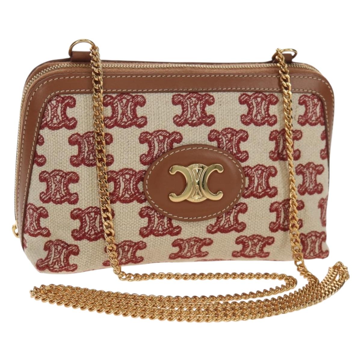 CELINE Triomphe Macadam Canvas Chain Shoulder Bag Canvas Beige Gold Auth 154016M