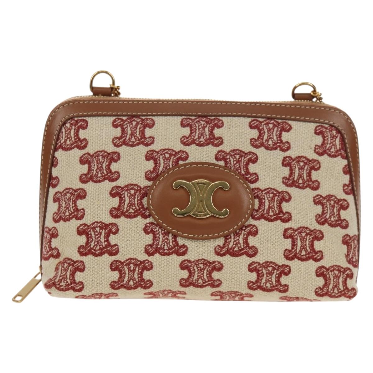 CELINE Triomphe Macadam Canvas Chain Shoulder Bag Canvas Beige Gold Auth 154016M