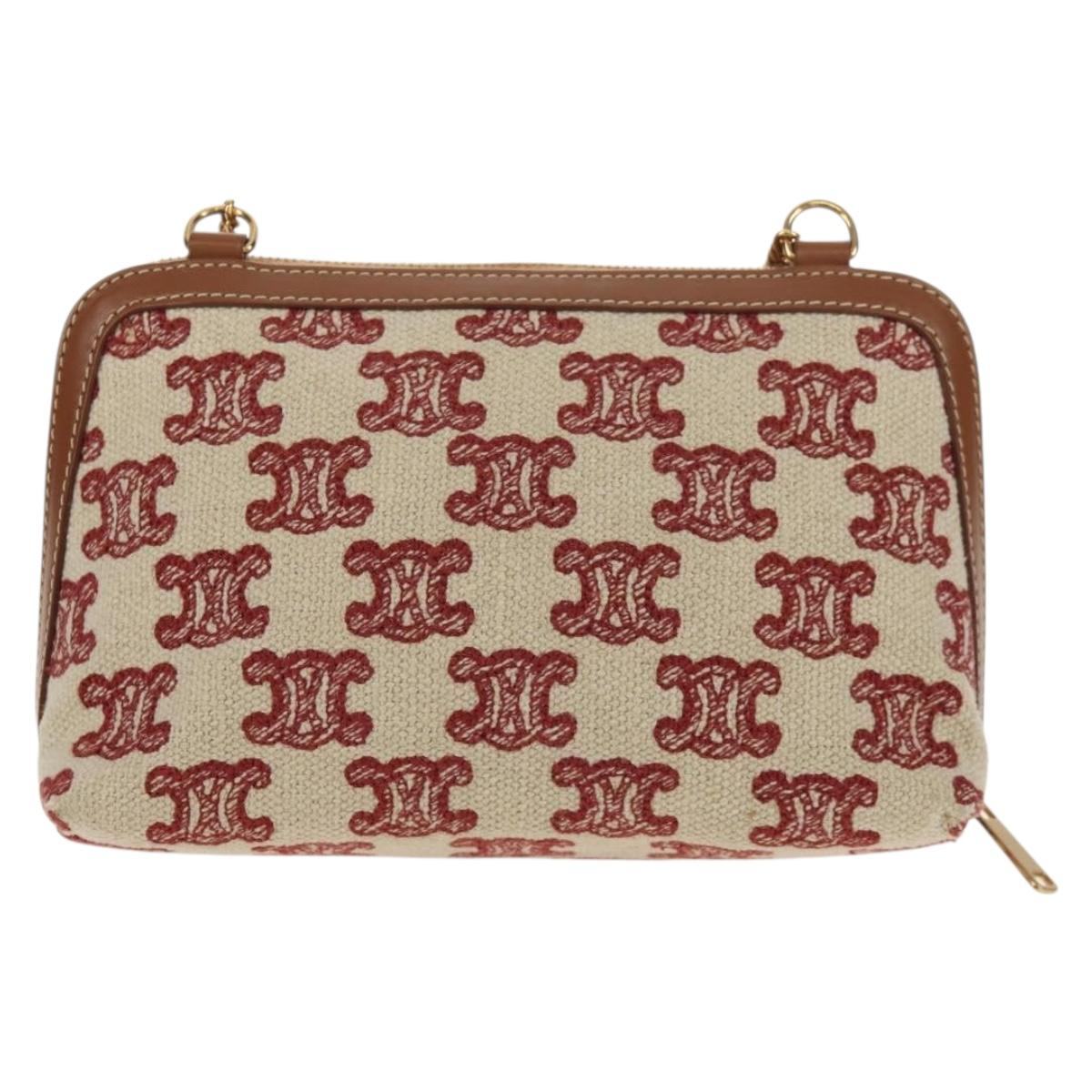 CELINE Triomphe Macadam Canvas Chain Shoulder Bag Canvas Beige Gold Auth 154016M