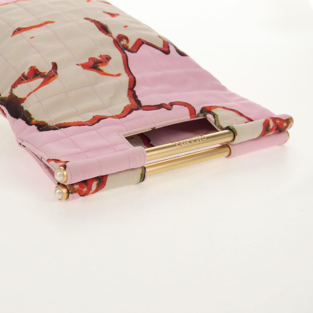 CHANEL Choco Bar Hand Bag Canvas Gold Pink CC Auth 154030M