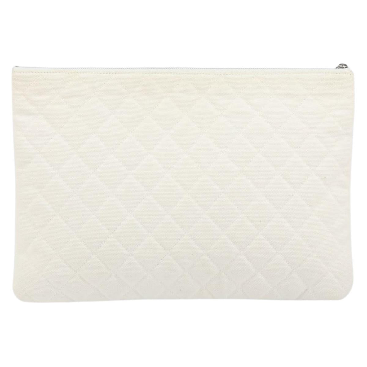 CHANEL Matelasse Clutch Bag Canvas White Silver CC Auth 154040
