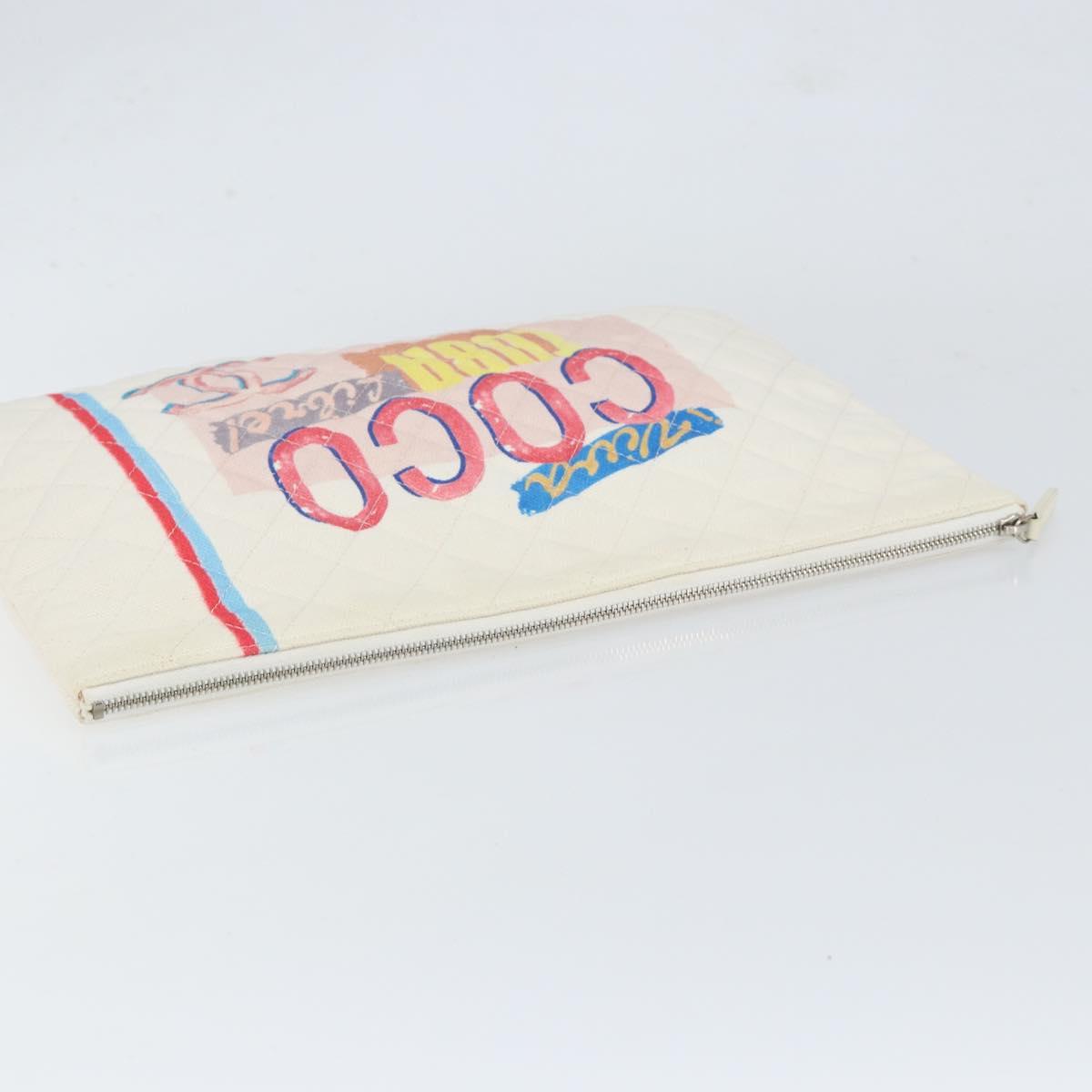 CHANEL Matelasse Clutch Bag Canvas White Silver CC Auth 154040