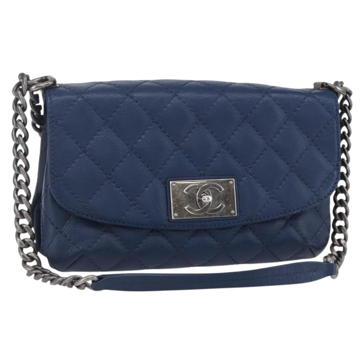 CHANEL Matelasse Chain Shoulder Bag Caviar Skin Navy CC Auth 154046SAM