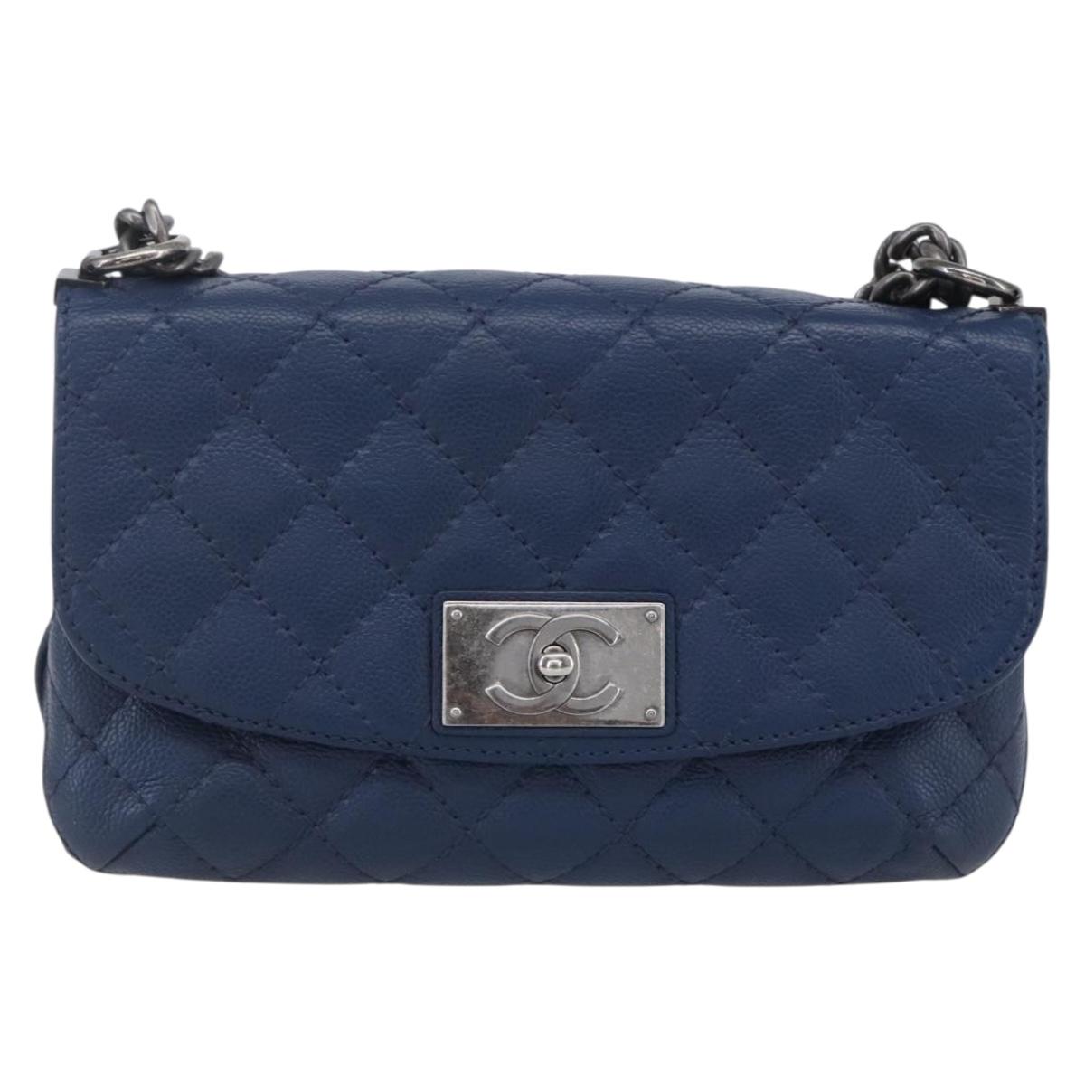 CHANEL Matelasse Chain Shoulder Bag Caviar Skin Navy CC Auth 154046SAM