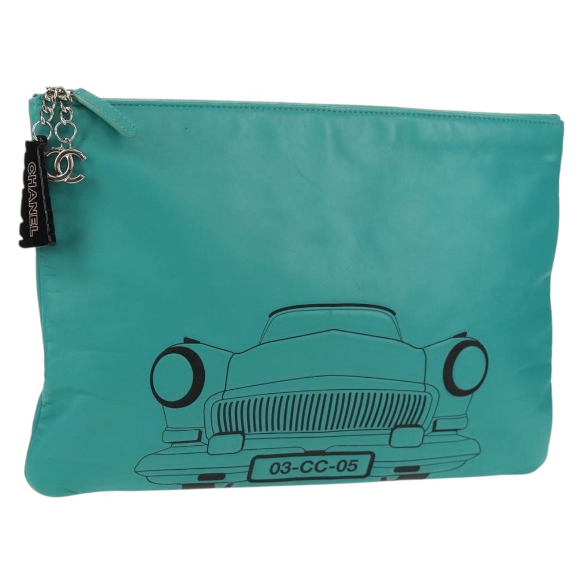 CHANEL Clutch Bag Lamb Skin Emerald Green CC Auth 154047V