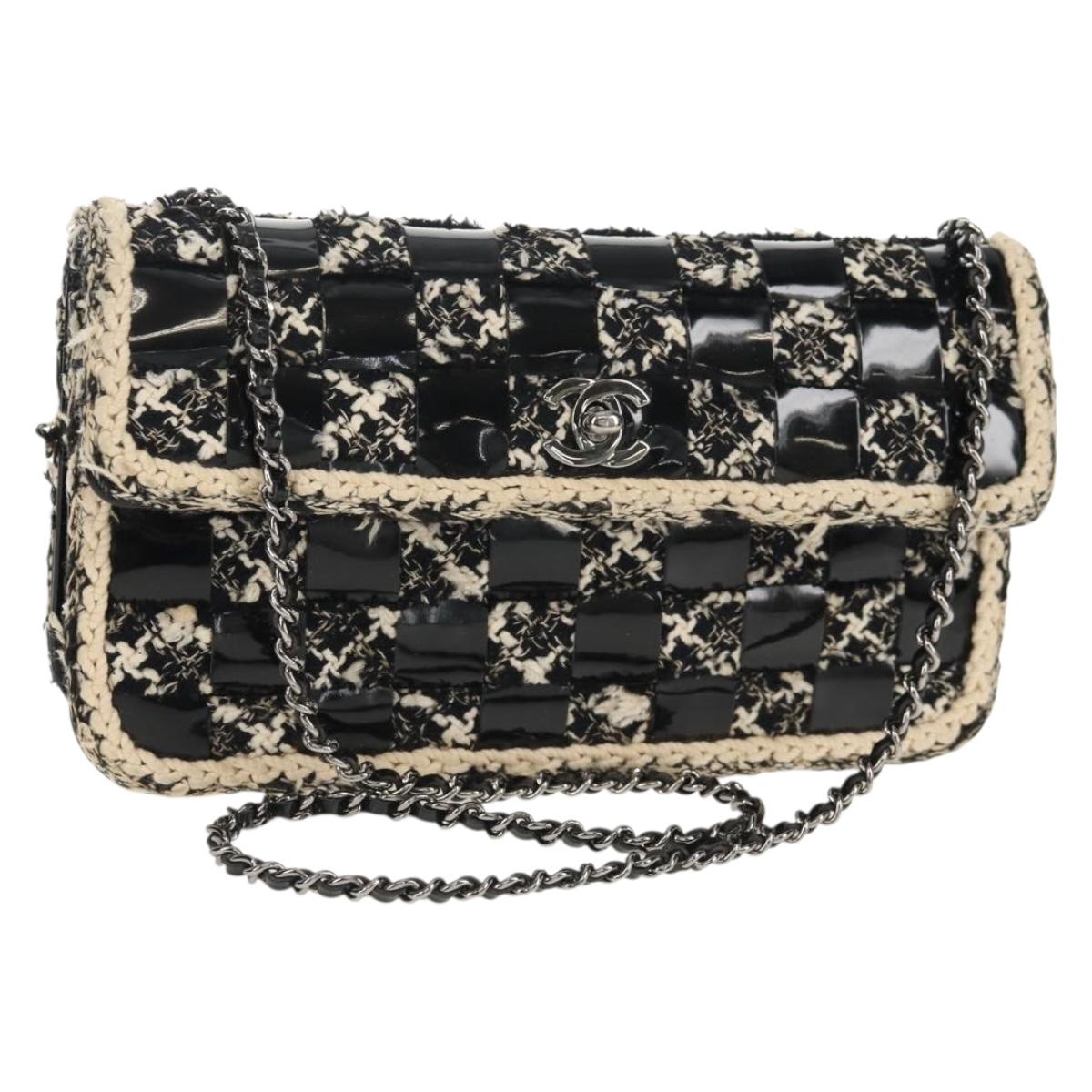 CHANEL Chain Shoulder Bag Tweed Black Silver CC Auth 154048V