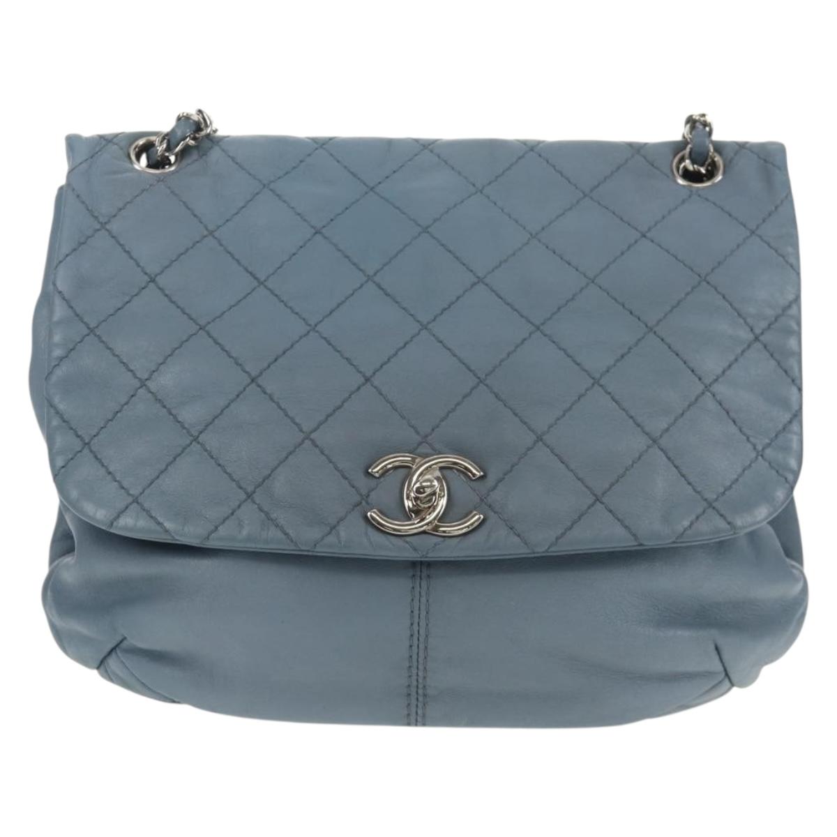 CHANEL Matelasse Chain Shoulder Bag Lamb Skin Light Blue Silver CC Auth 154050V