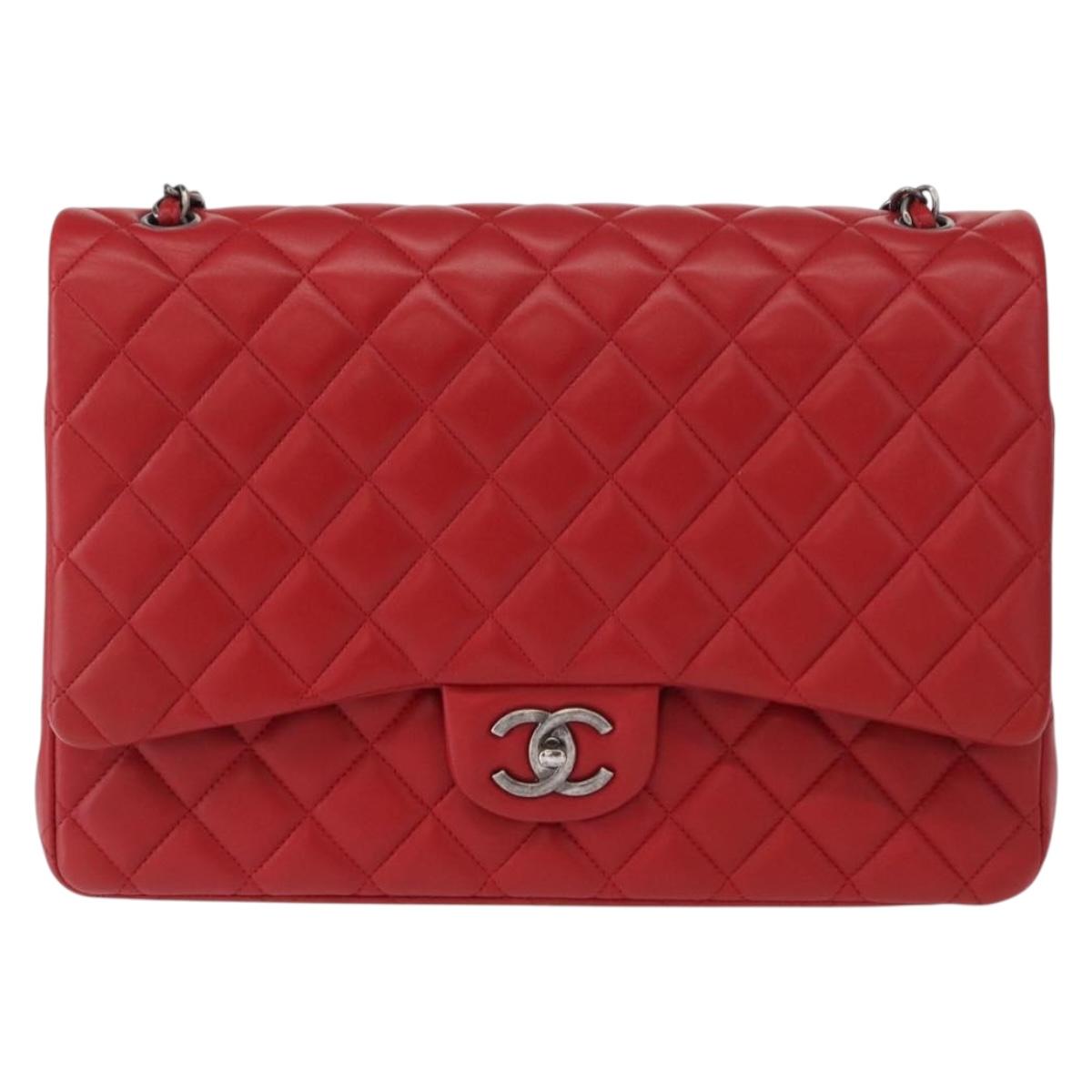 CHANEL Matelasse 34 Double Flap Chain Bag Lamb Skin Red CC Auth 154053SM