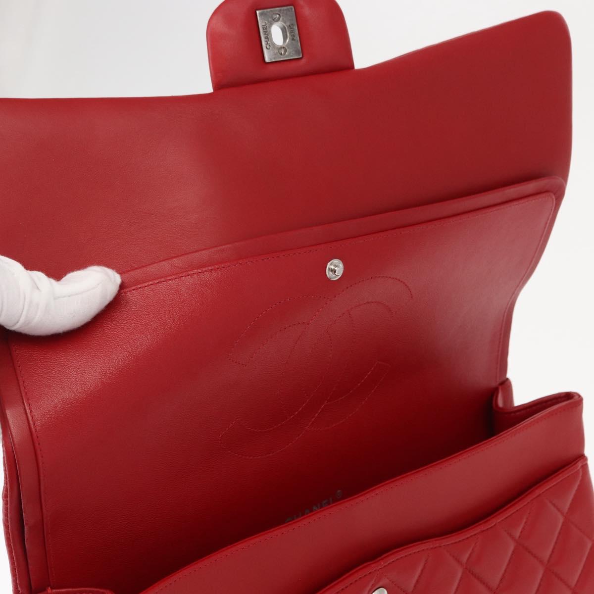 CHANEL Matelasse 34 Double Flap Chain Bag Lamb Skin Red CC Auth 154053SM