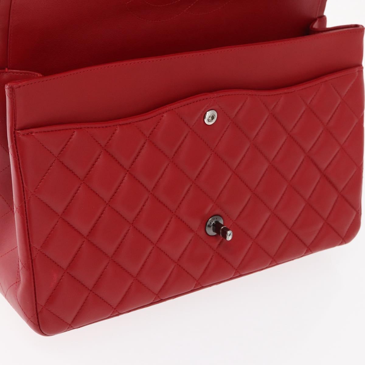 CHANEL Matelasse 34 Double Flap Chain Bag Lamb Skin Red CC Auth 154053SM