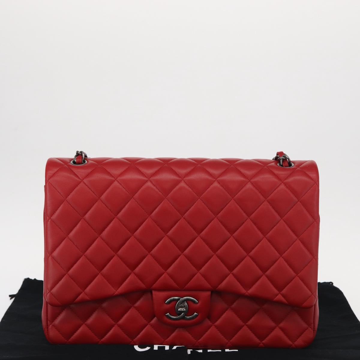 CHANEL Matelasse 34 Double Flap Chain Bag Lamb Skin Red CC Auth 154053SM