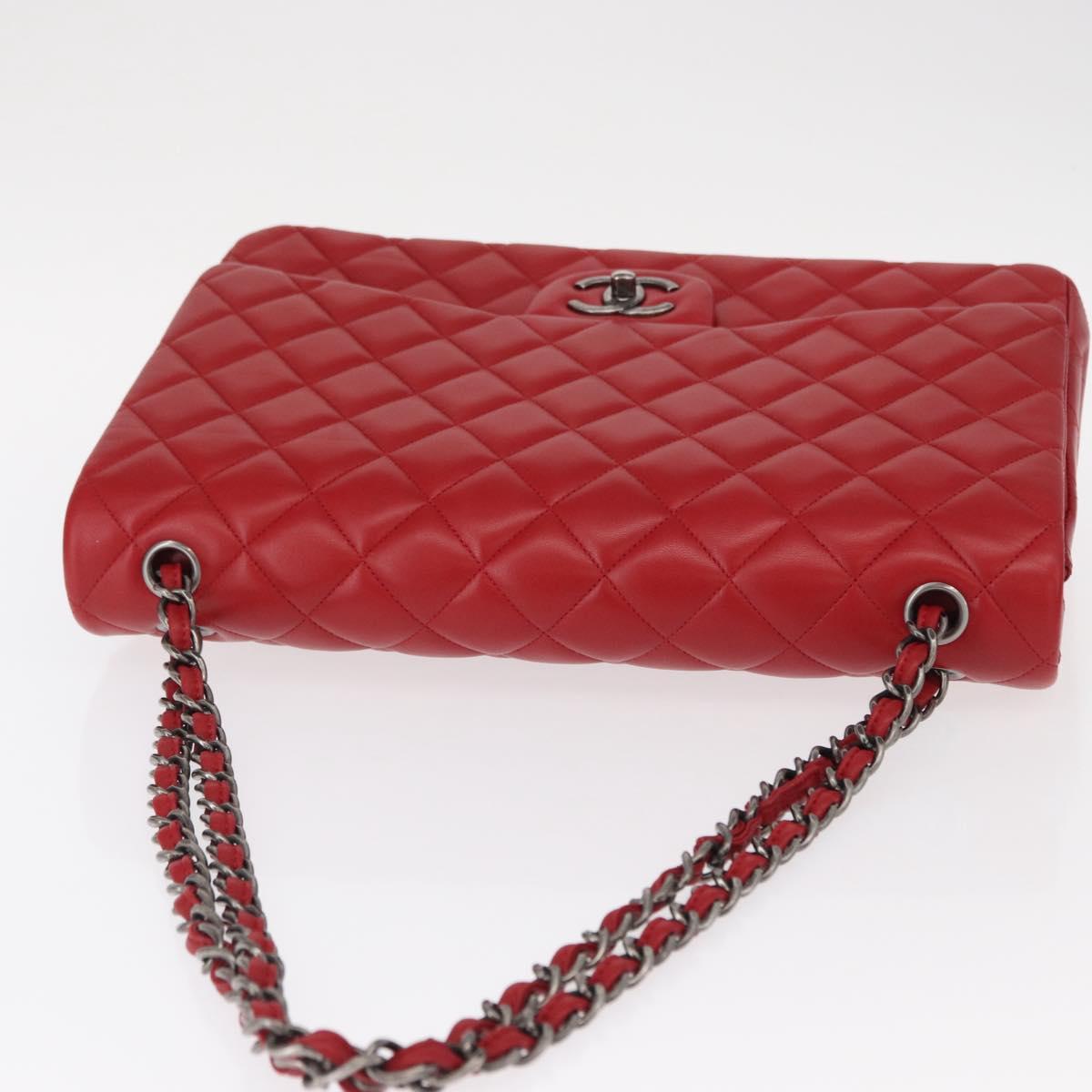 CHANEL Matelasse 34 Double Flap Chain Bag Lamb Skin Red CC Auth 154053SM