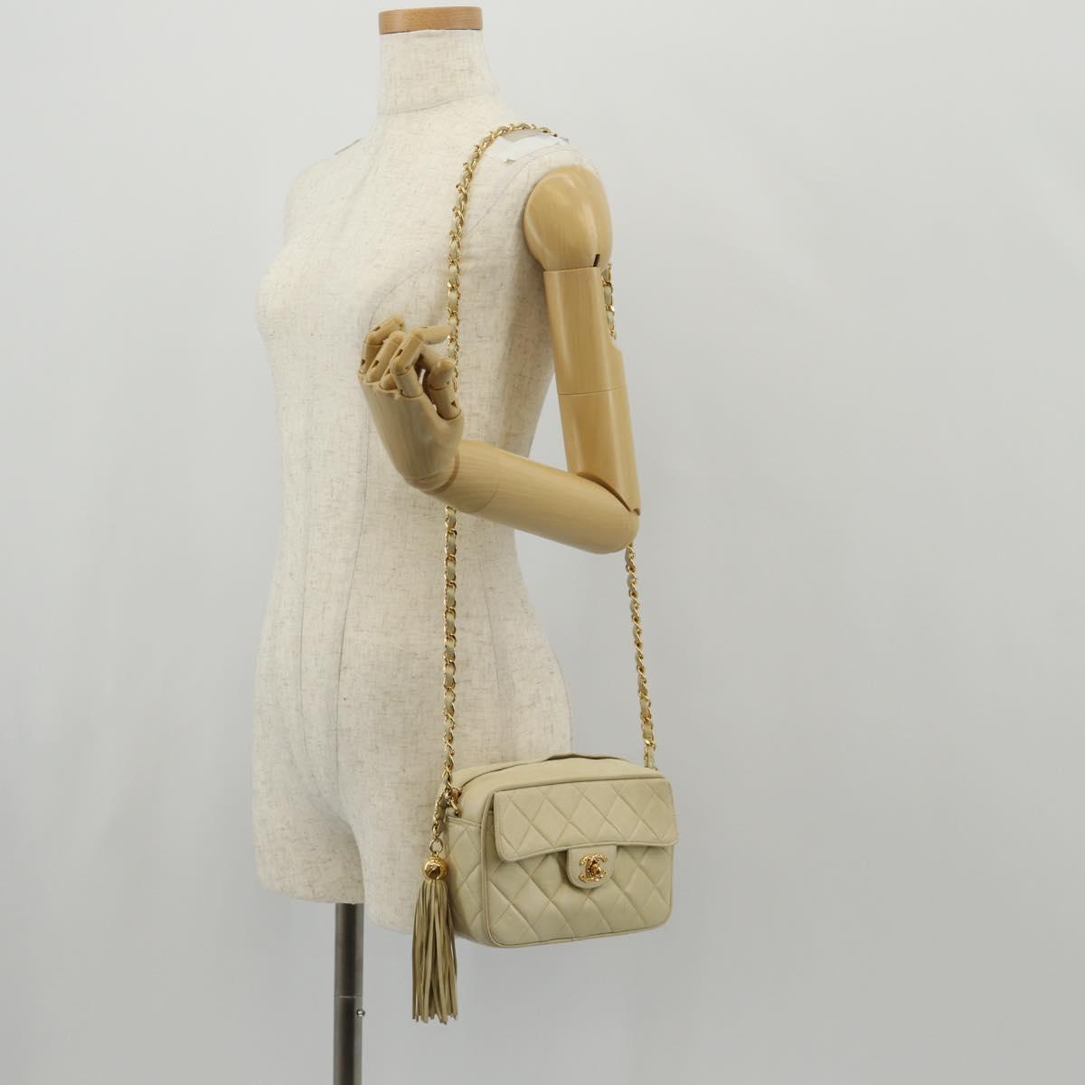 CHANEL Matelasse Chain Shoulder Bag Lamb Skin Ivory Gold CC Auth 154054V