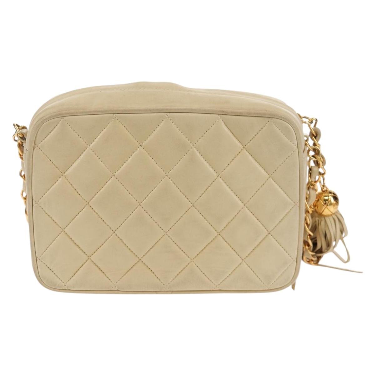 CHANEL Matelasse Chain Shoulder Bag Lamb Skin Ivory Gold CC Auth 154054V
