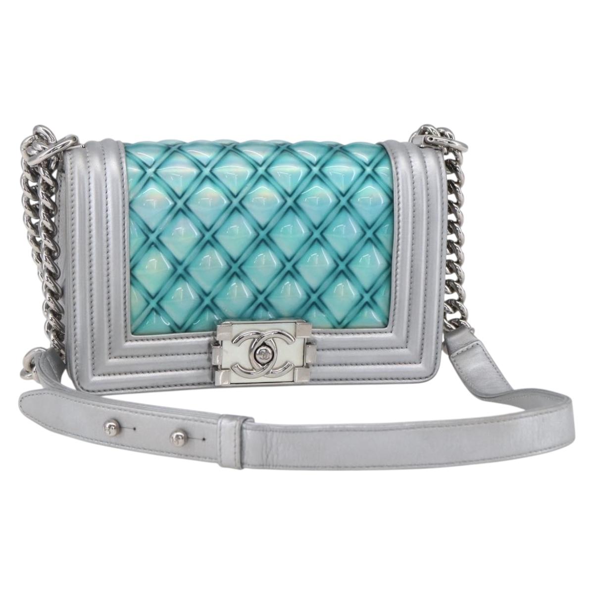 CHANEL Chain Boy Chanel Shoulder Bag Leather Silver CC Auth 154056SAM