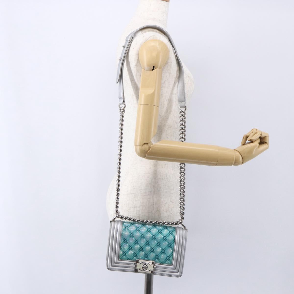 CHANEL Chain Boy Chanel Shoulder Bag Leather Silver CC Auth 154056SAM