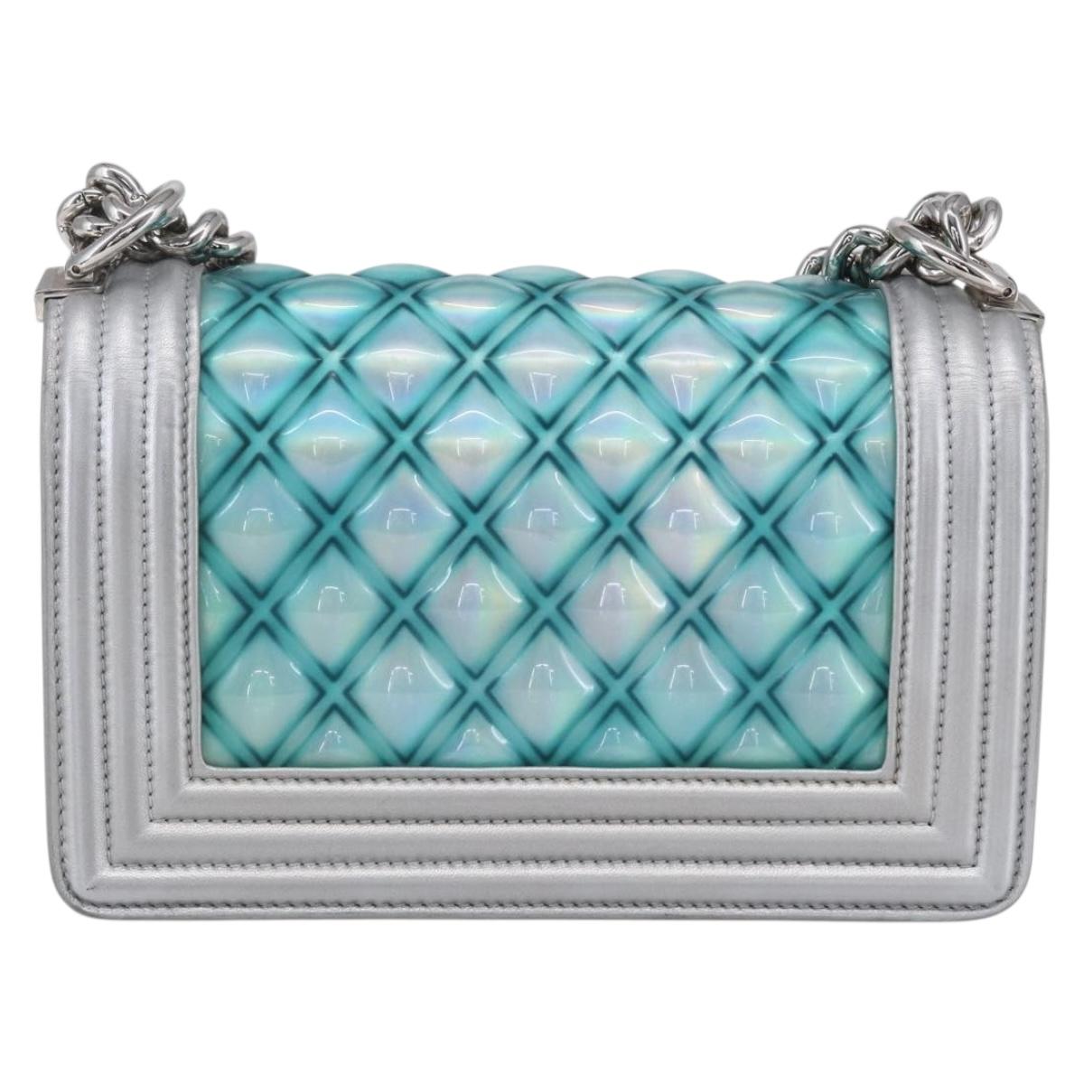 CHANEL Chain Boy Chanel Shoulder Bag Leather Silver CC Auth 154056SAM