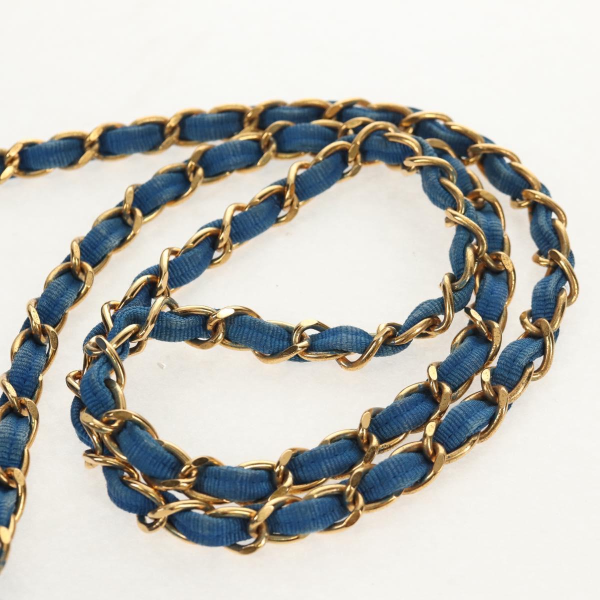 CHANEL Mademoiselle Chain Shoulder Bag Canvas Blue Gold CC Auth 154058SAV