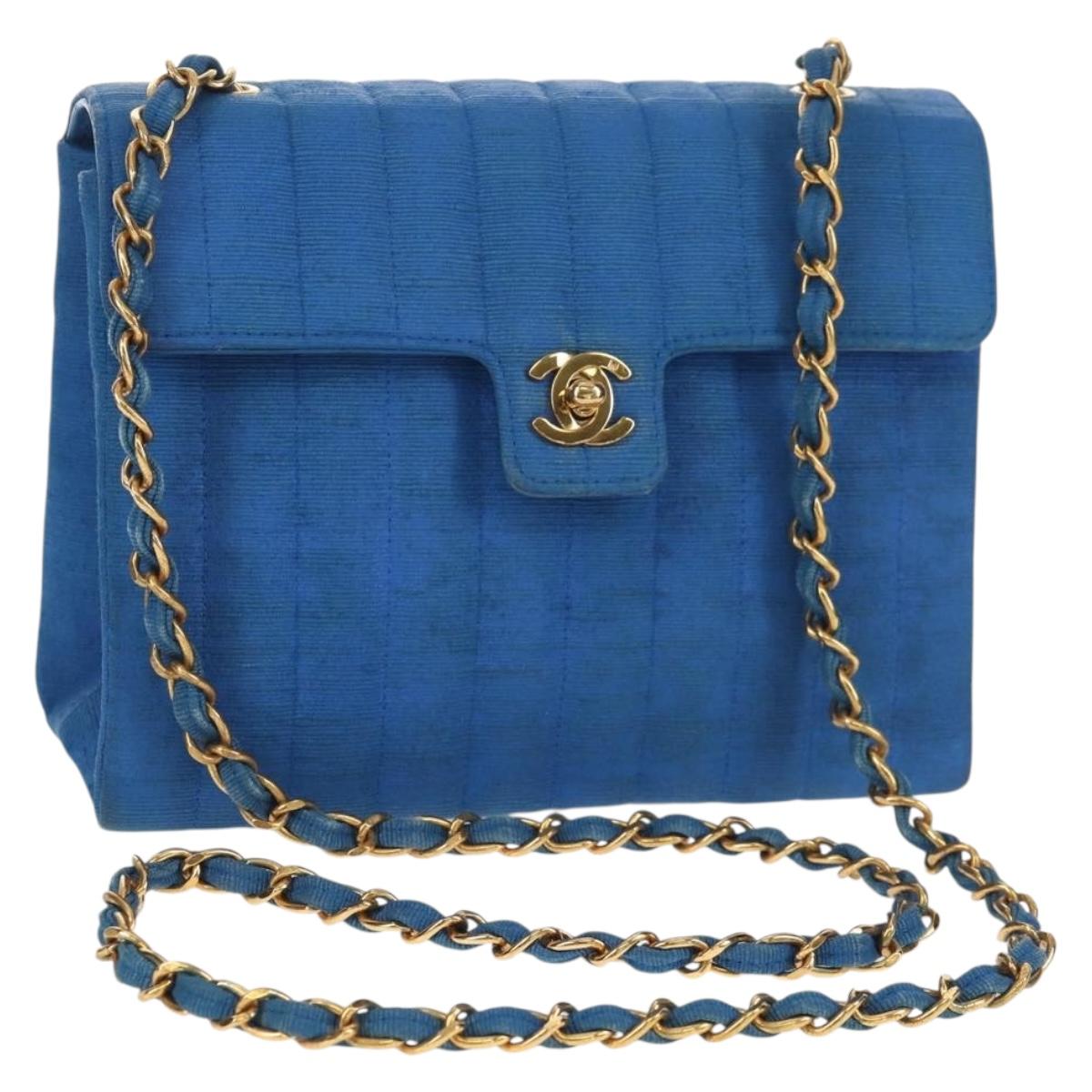 CHANEL Mademoiselle Chain Shoulder Bag Canvas Blue Gold CC Auth 154058SAV