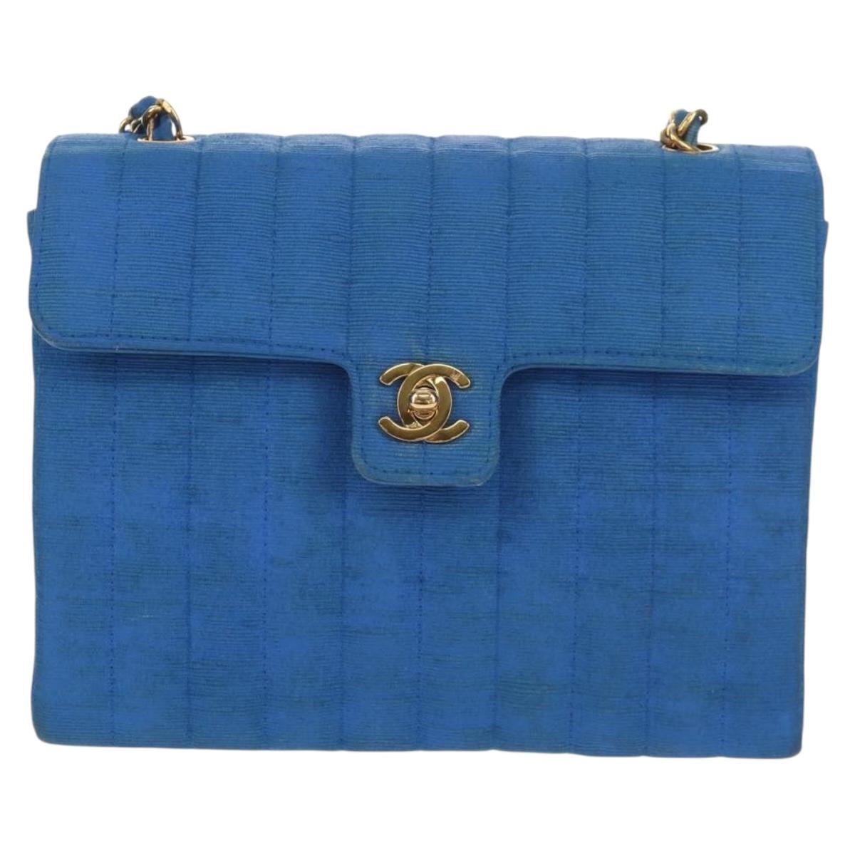 CHANEL Mademoiselle Chain Shoulder Bag Canvas Blue Gold CC Auth 154058SAV